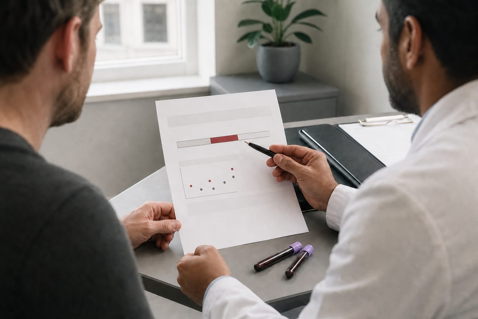 Man and clinician reviewing a testosterone blood test result together