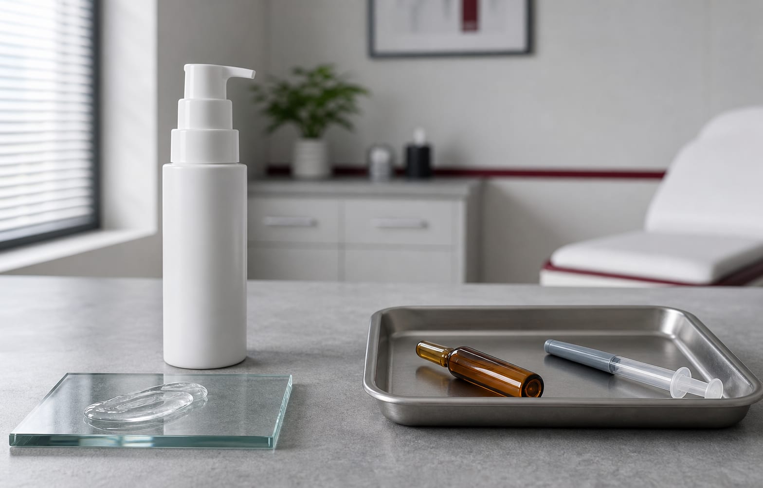 Unbranded testosterone gel pump and injection ampoule in a clinical setting