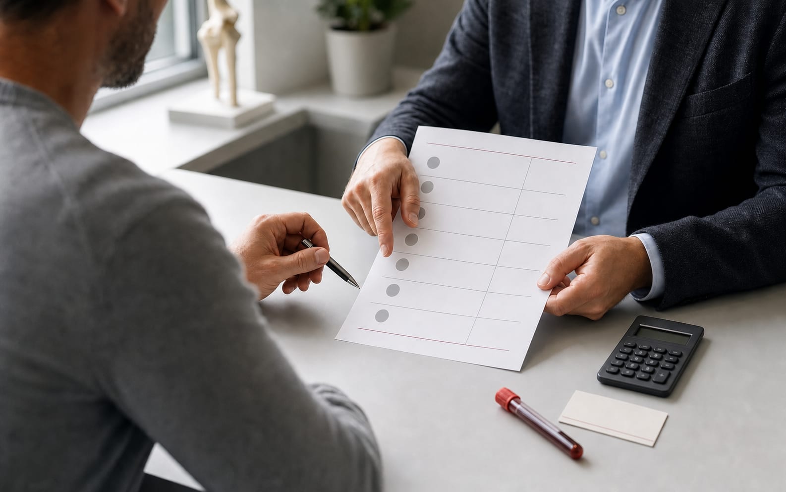 Patient reviewing a clear private healthcare cost breakdown with a clinician