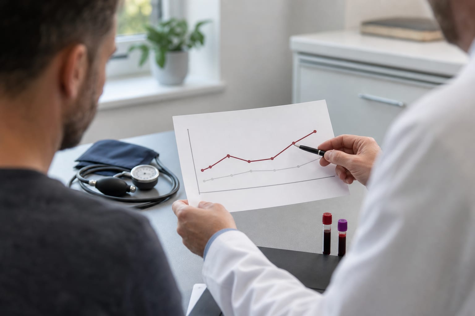 Clinician and patient reviewing blood results as part of TRT monitoring